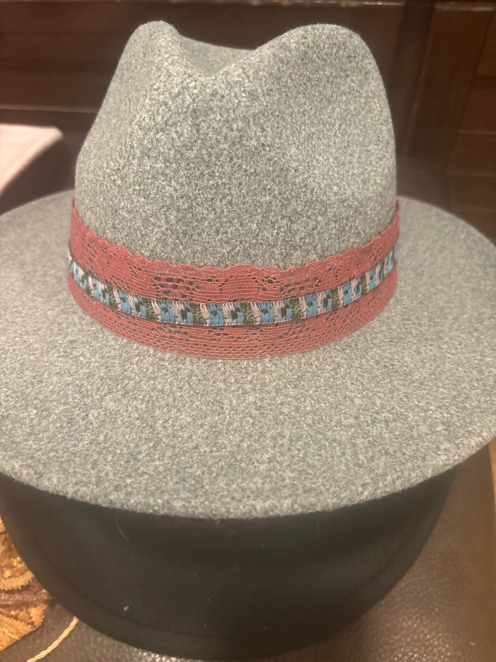 Womens Gray Wool Fedora with Rose Trim
